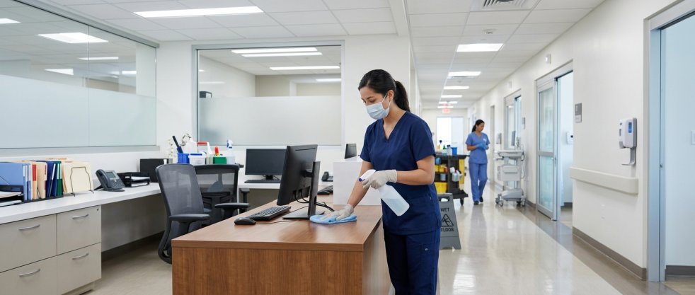 Nurse cleaning a medical office desk in a hospital hallway with cleaning supplies and staff in the background