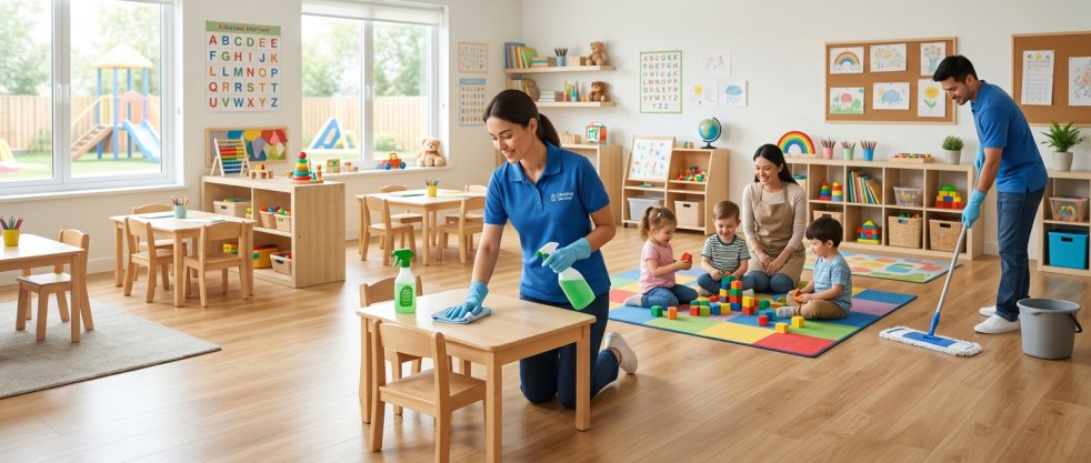 Cleaners sanitizing daycare classroom while children play on a colorful rug