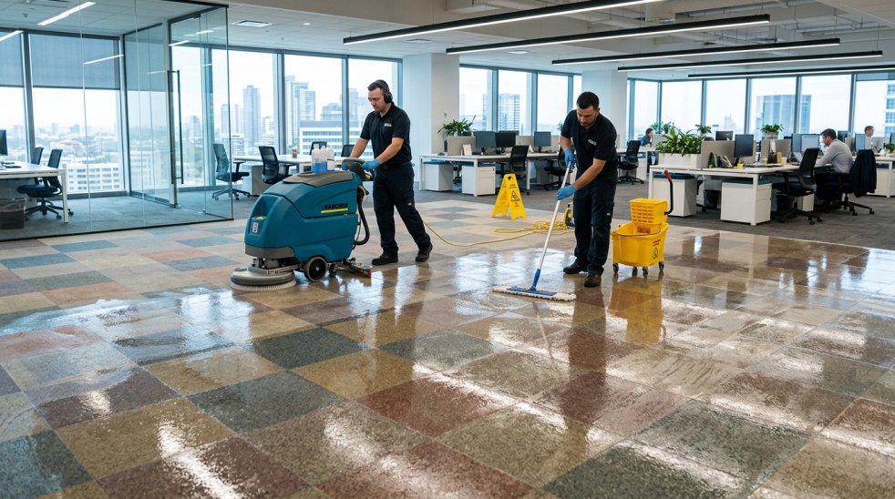 Workers stripping and waxing a polished office floor in a modern commercial workspace